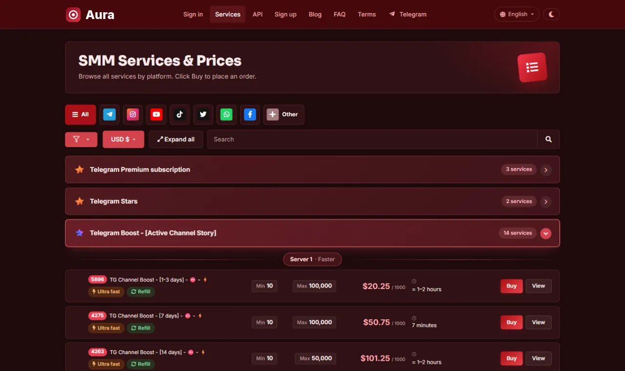 Aura Crimson style for Perfect Panel: services page in dark mode