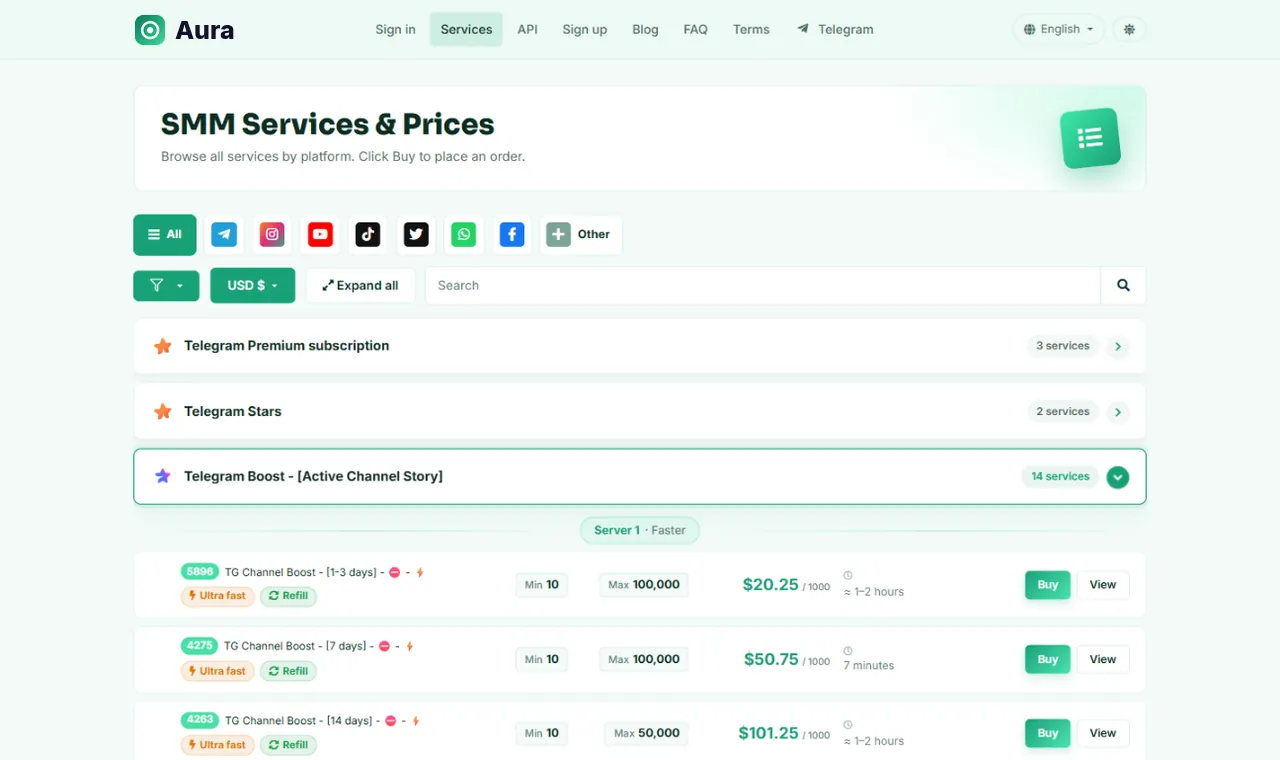 Aura Emerald style for Perfect Panel: services page in light mode