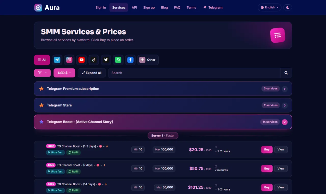 Aura Neon style for Perfect Panel: services page in dark mode