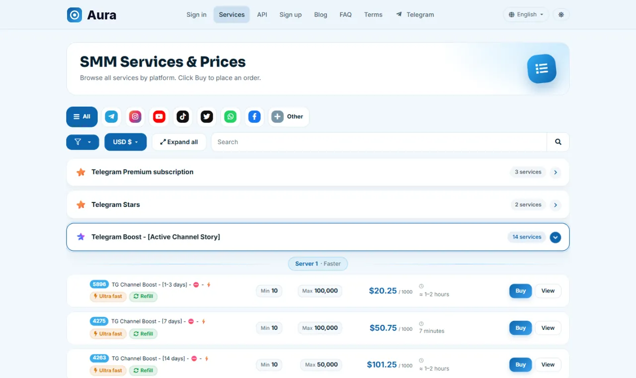 Aura Ocean style for Perfect Panel: services page in light mode