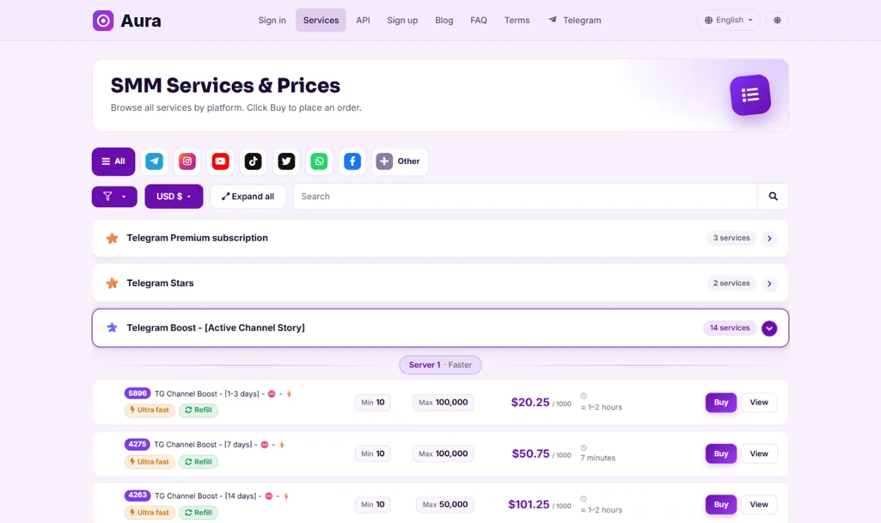 Aura Royal style for Perfect Panel: services page in light mode