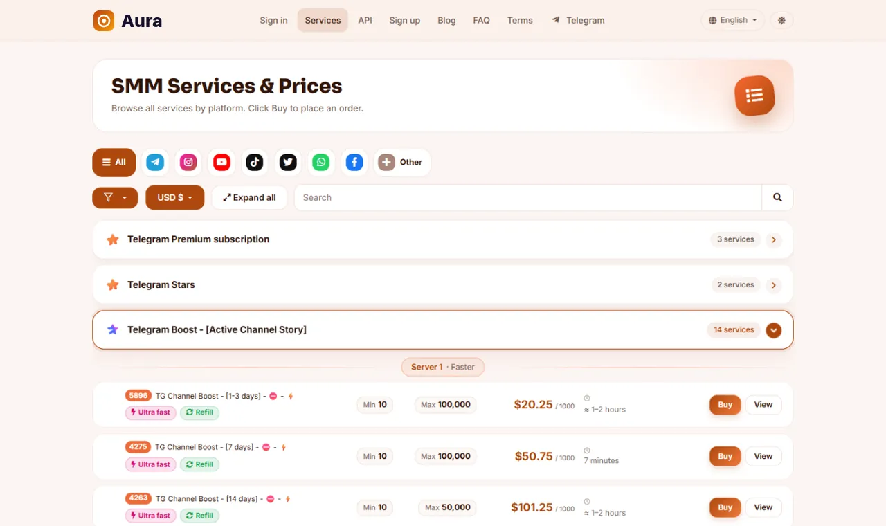 Aura Sunset style for Perfect Panel: services page in light mode
